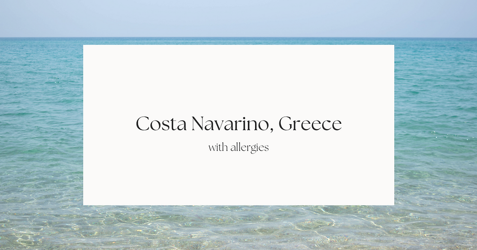 Clear calm turquoise blue sea, with a thin slice of clear blue sky above. There is a large white textbox that says 'Costa Navarino, Greece - with allergies'.
