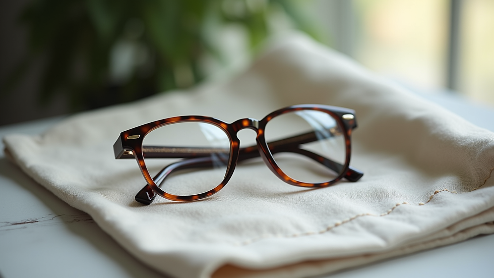 Close-up view of a pair of eyeglasses resting on a soft cloth