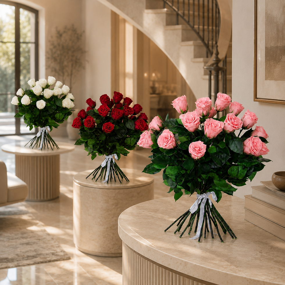 Sixty Grand Stem Alturia mixed color (white, Pink Coral, Red) preserved rose from Ecuador with natural long stem