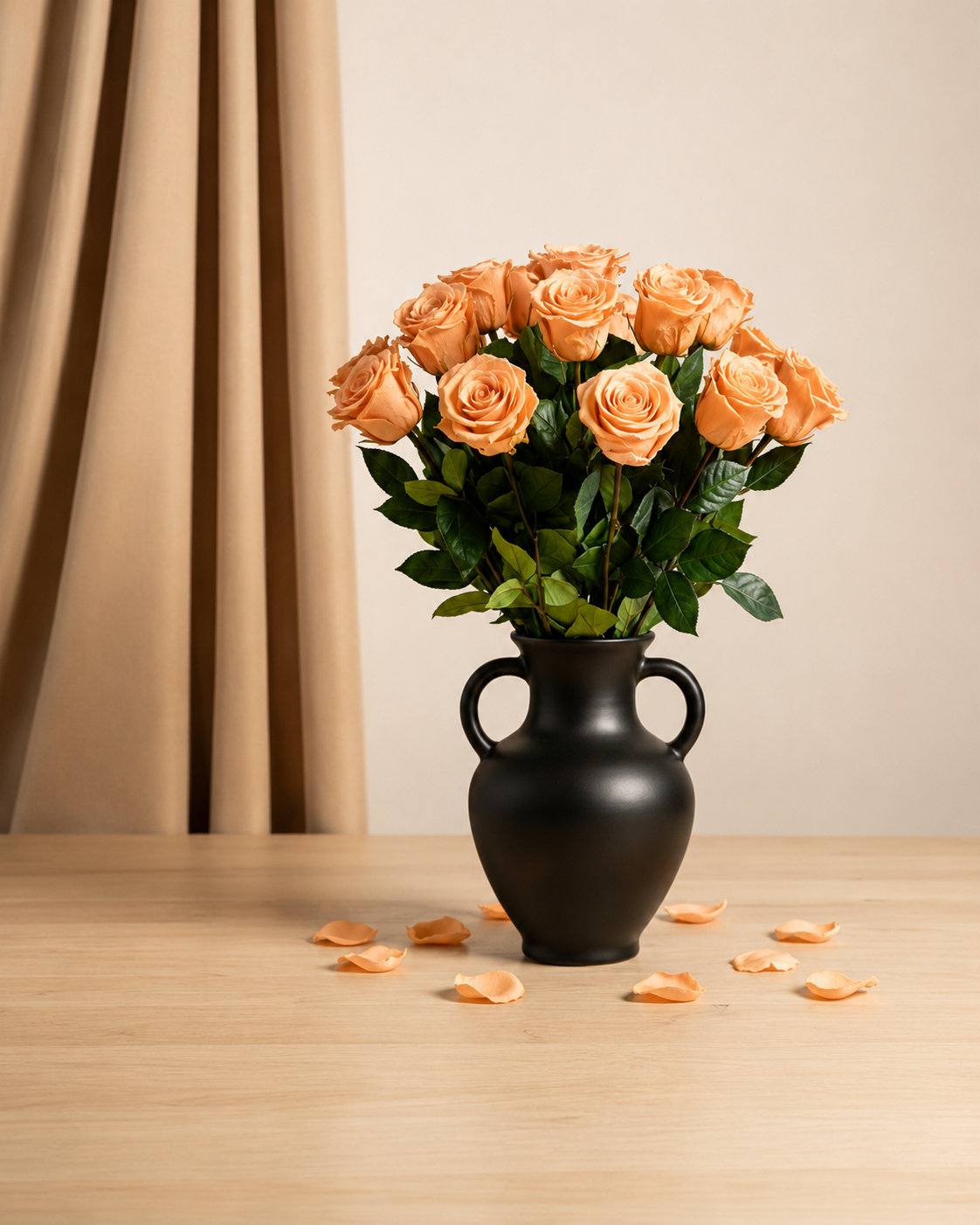 twenty Cayambe Peach Petite Stem preserved roses from Ecuador arranged as a luxury bouquet