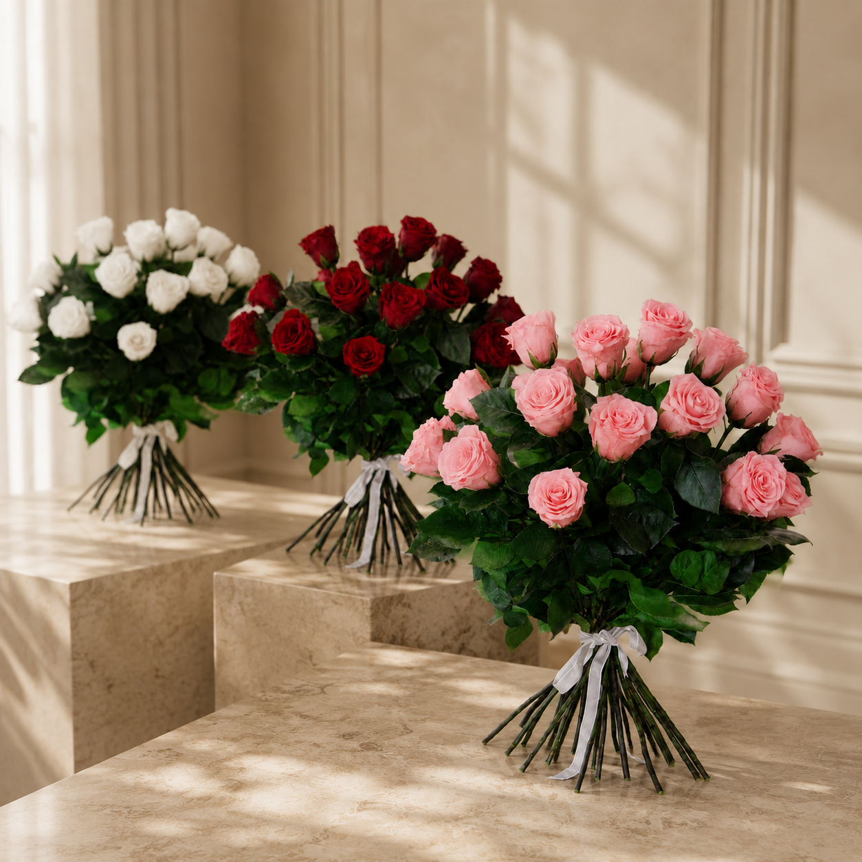 Bouquets of white, red, and pink long-stem preserved roses