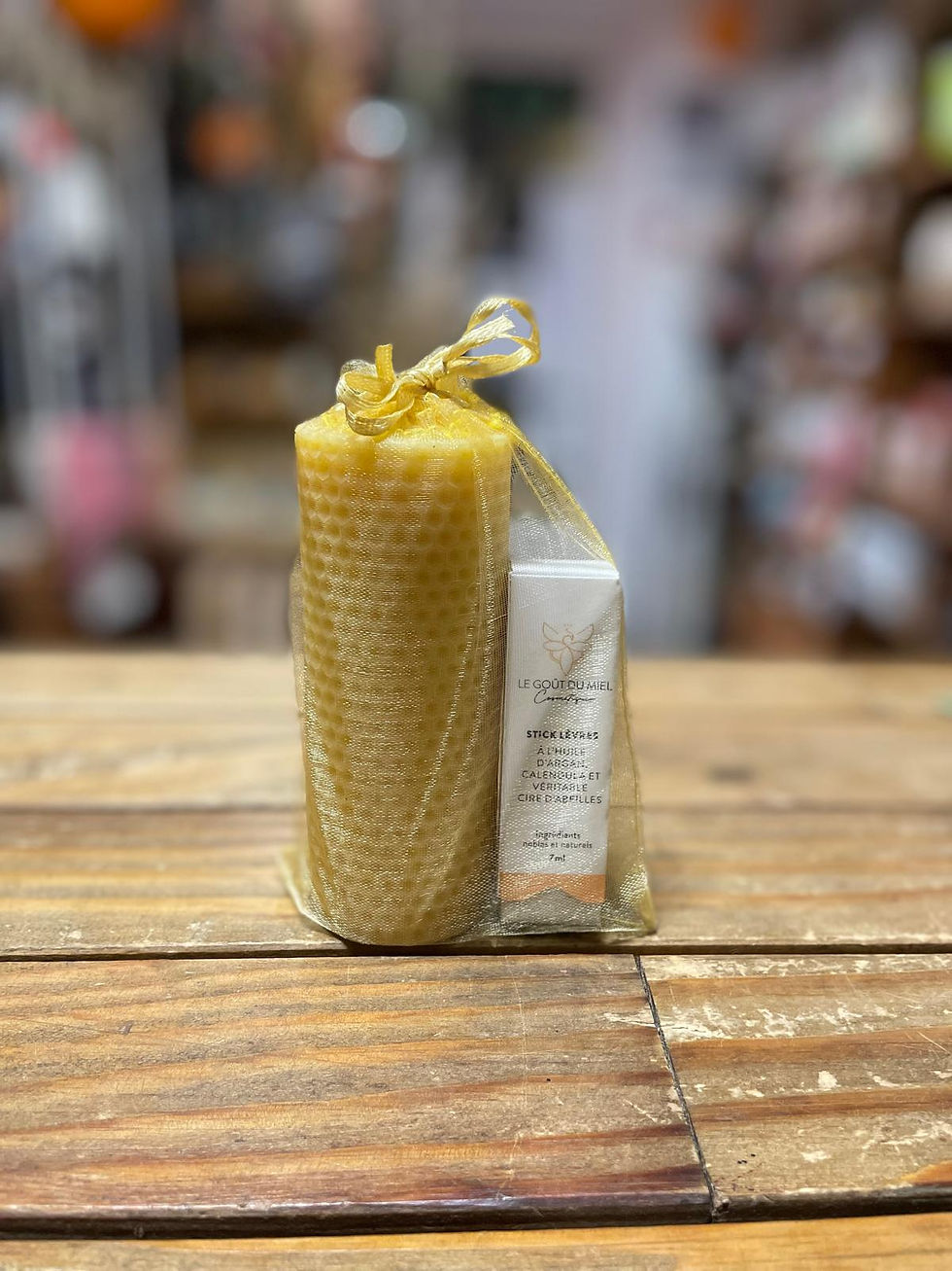 Kit organza cadeau bougie + Stick à Lèvres "Le Goût du miel" Chez ékho Moudon