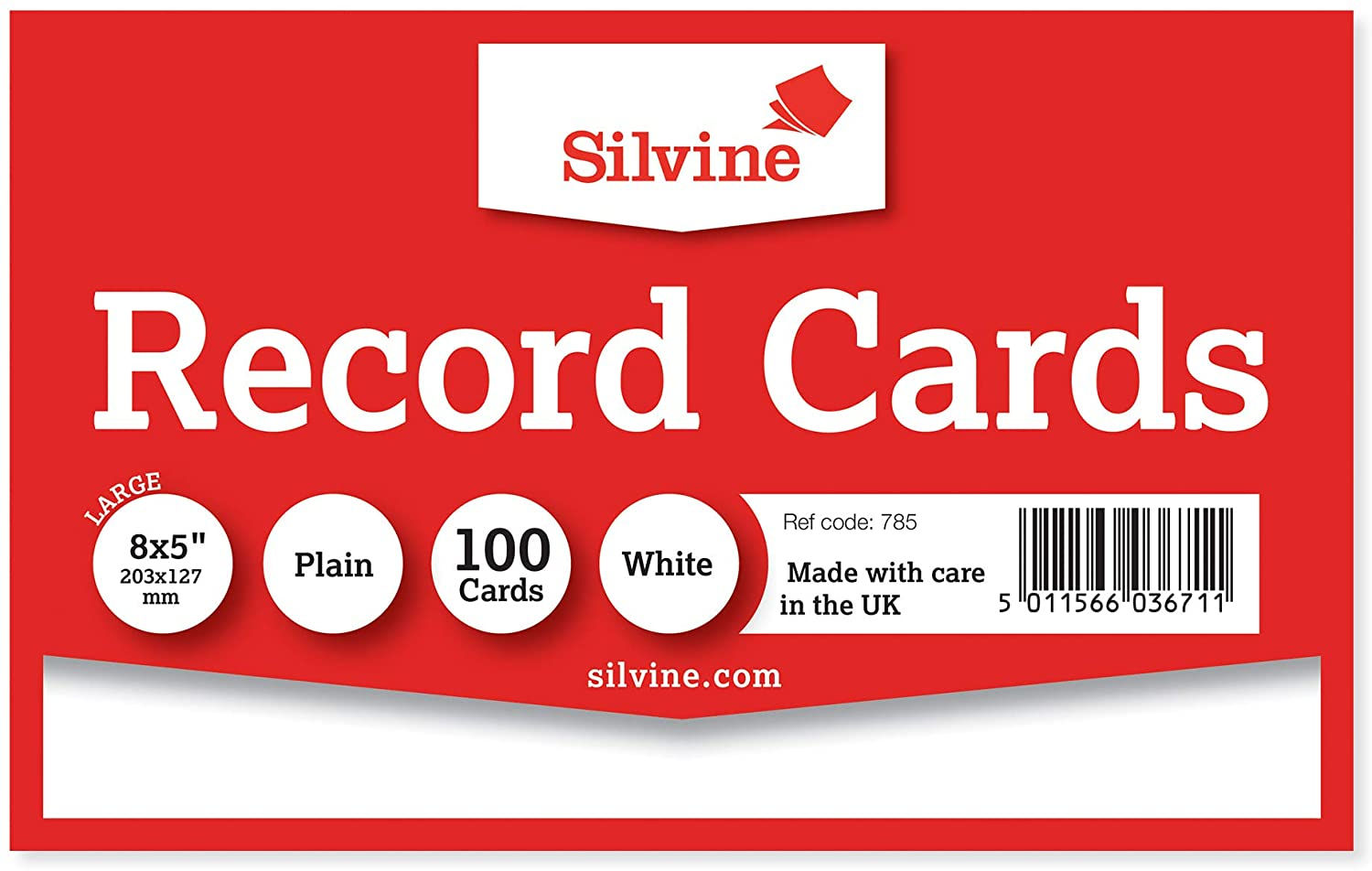 Silvine 8x5" White Record Cards - Plain, 100 cards per pack