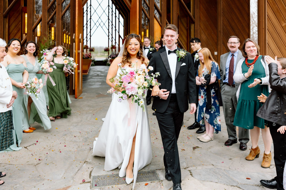 Petal Toss Exit from Wedding Ceremony at Powell Gardens Chapel