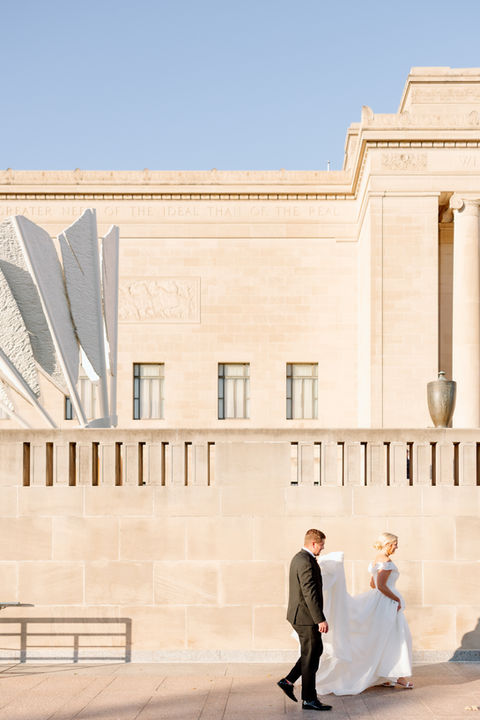 Bride and Groom Walking at The Nelson Atkins Art Museum in Kansas City