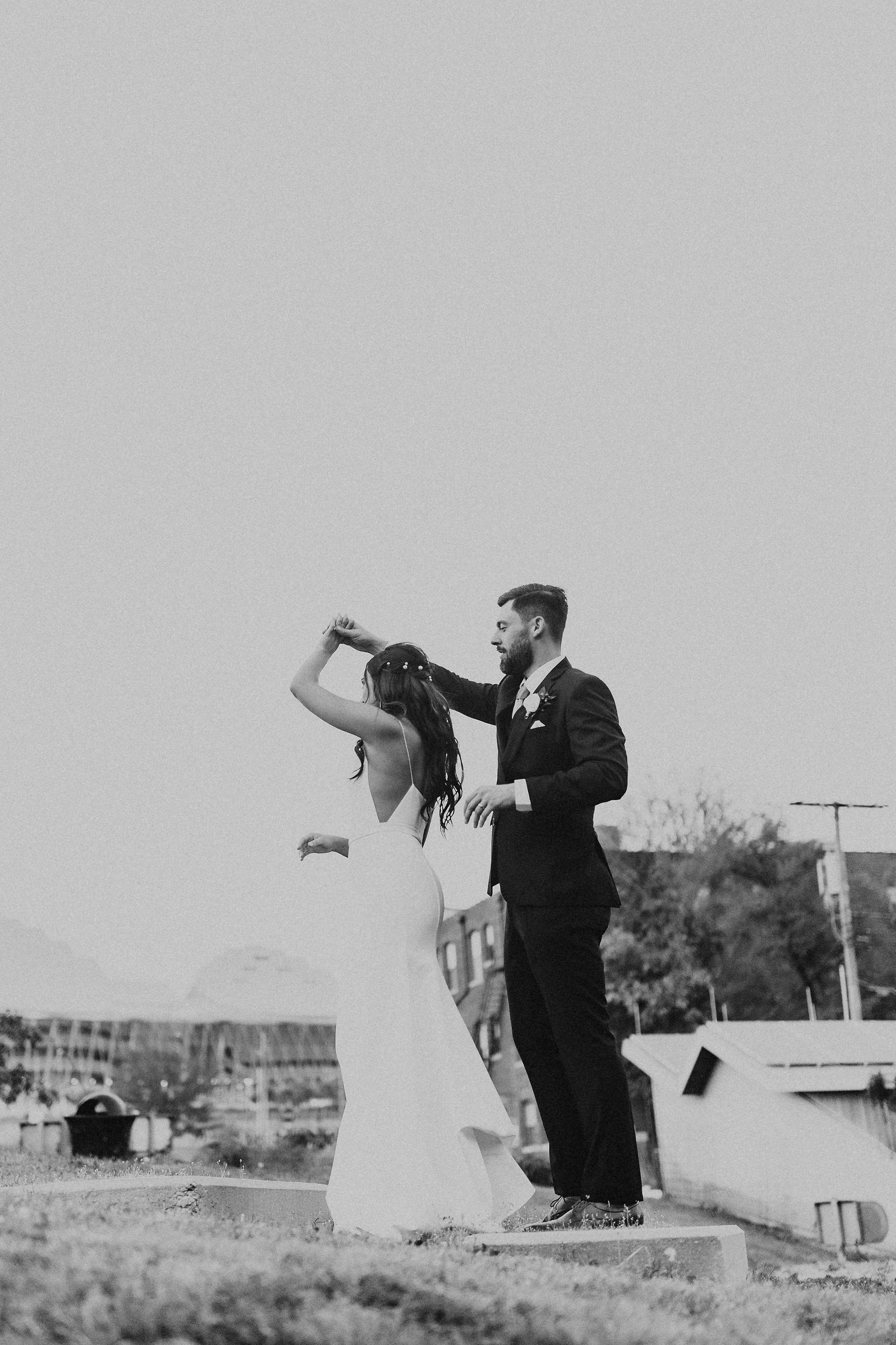Bride and Groom Sunset Portraits at The Everly Event Space Kansas City