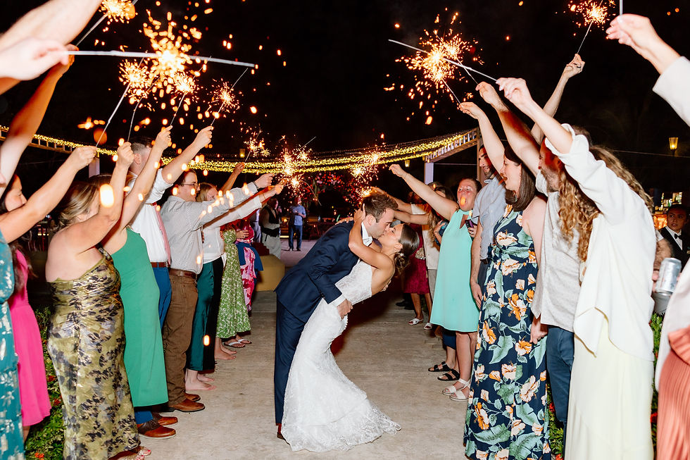 Sparkler exit at night with wedding guests celebrating in Playa del Carmen, Mexico