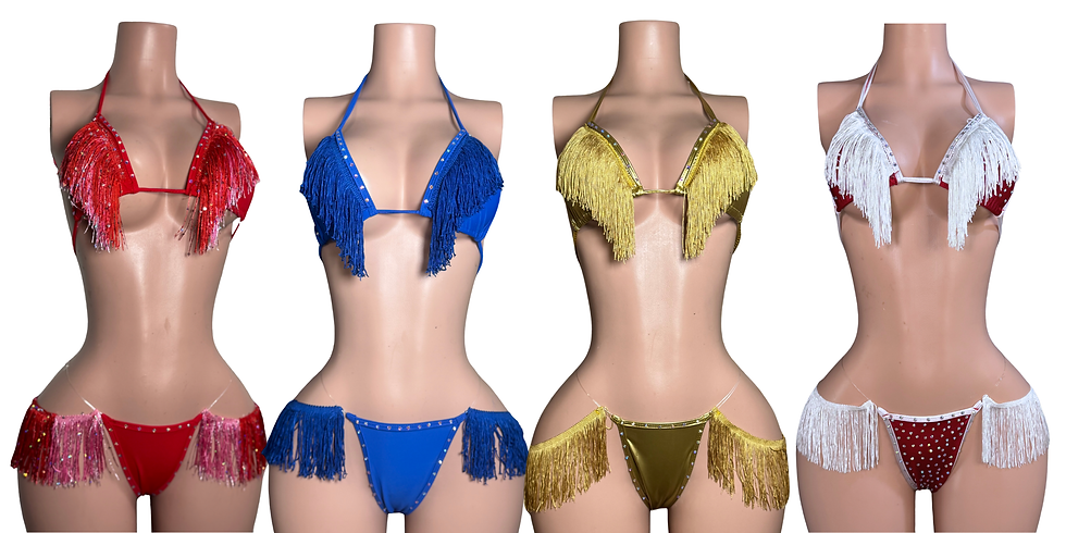 Eye-level view of a vibrant fringe dancewear set displayed on a mannequin