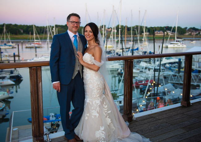 Couple on their wedding day at The Royal Southern Yacht Club, Hamble.