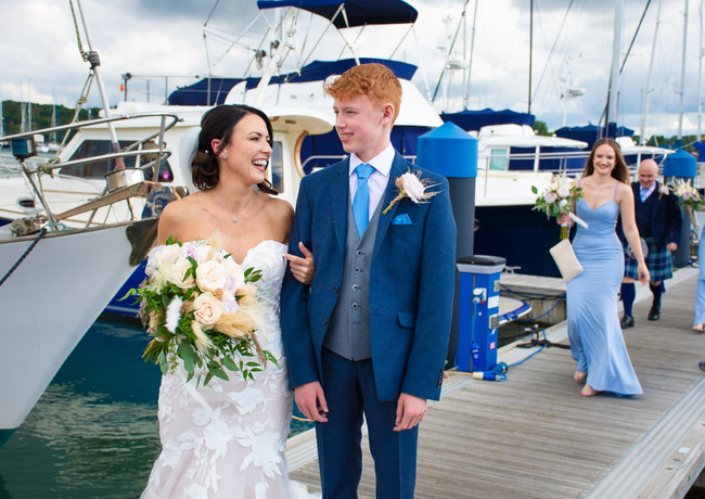 Bride and her son arrive at The Royal Southern Yacht Club, Hamble.