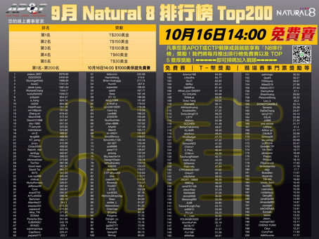 🎉APOT戰隊9月Natural8排行榜Top200名單出爐｜所有登榜選手將享有「10月16日下午2點」保底$1000美金免費賽席位！！