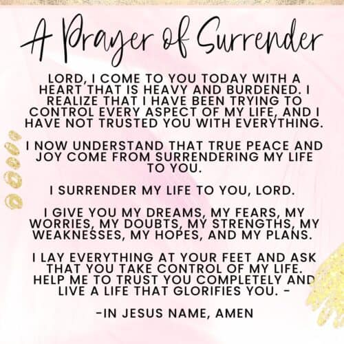 Pink prayer poster titled A Prayer of Surrender with black text about trusting God and surrendering life, ending In Jesus name, Amen