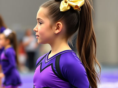 youth cheerleader in purple cheer uniform wearing a gold cheerleading bow in her high pony