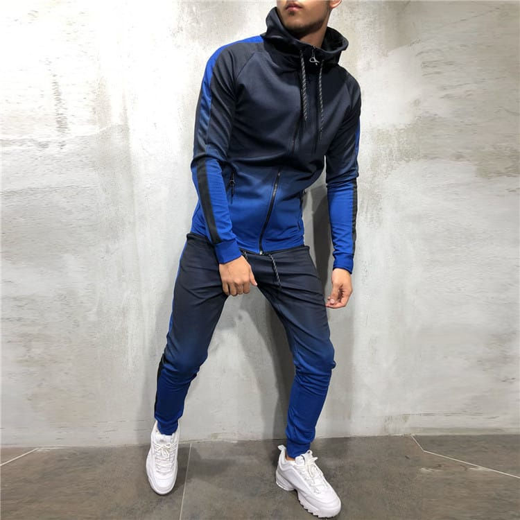 Thumbnail: Men Gradient Color Print Zipper Long Sleeve Hooded Coat And Pants Two Pieces Set