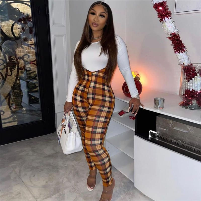 Women Fashion Solid Color T-shirt And Plaid Printed Suspender Trousers Two Piece