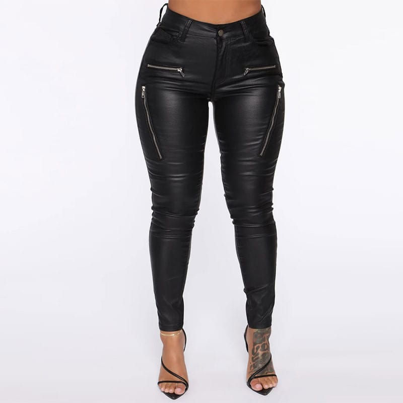Thumbnail: Women Fashion Solid Color High Waist Zipper Patchwork PU Pants