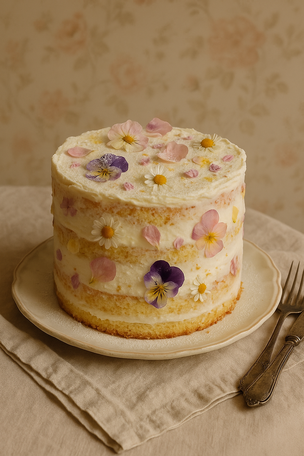 A layered cake with white icing, adorned with pink, purple, and white flowers. It's set on a beige tablecloth against a floral wallpaper.
