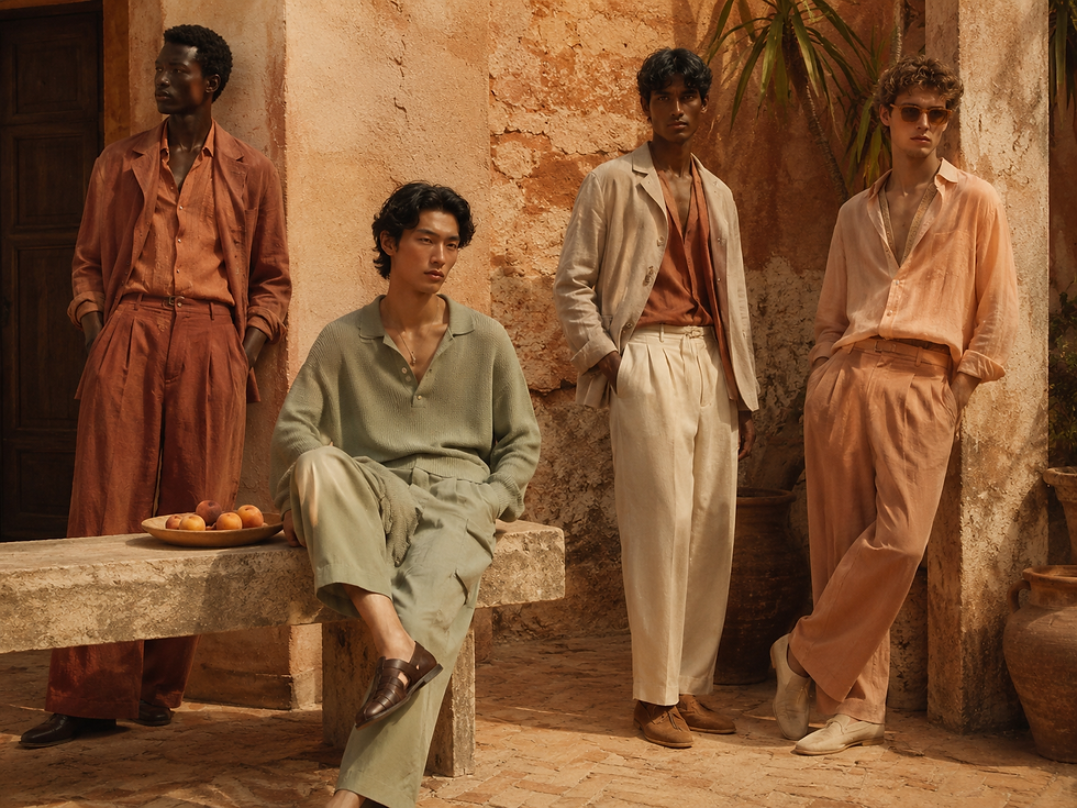 Four men pose in pastel linen outfits in a rustic courtyard; one sits by a bowl of peaches, with warm, calm style.
