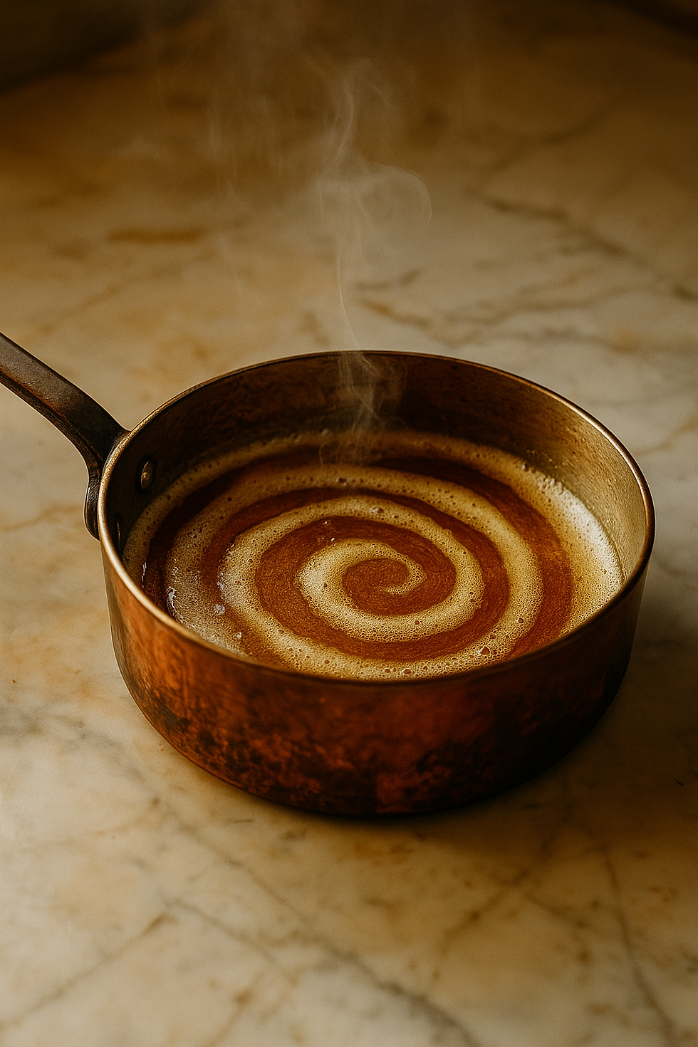 A copper pan with a steaming swirl of foamy liquid on a marble countertop, exuding warmth and a cozy ambiance.
