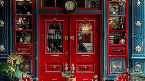 Red door with glass panels, flanked by blue walls. Elegant chandelier above. Two red chairs and a small table with a plant in front. Cozy vibe.