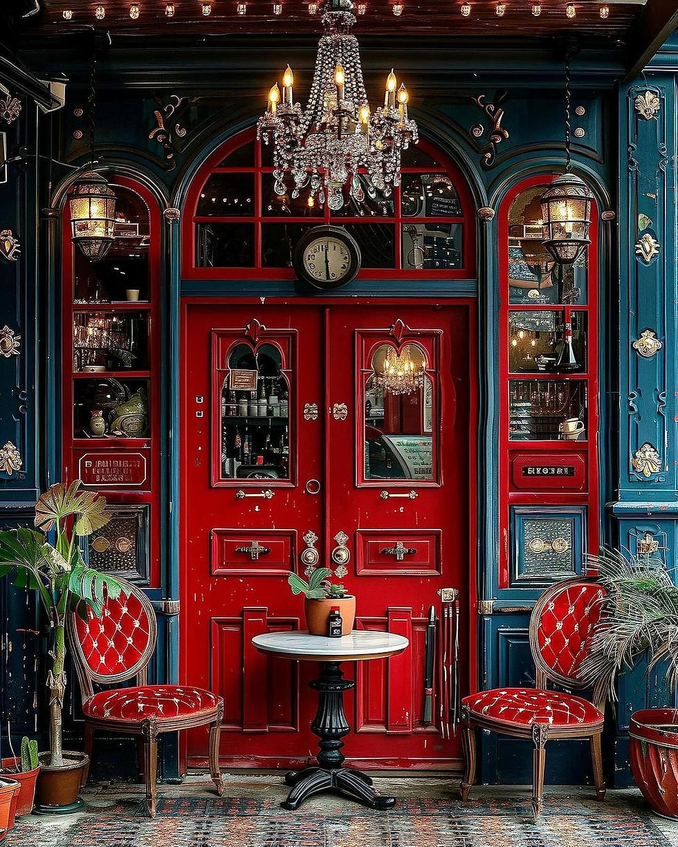 Red door with glass panels, flanked by blue walls. Elegant chandelier above. Two red chairs and a small table with a plant in front. Cozy vibe.
