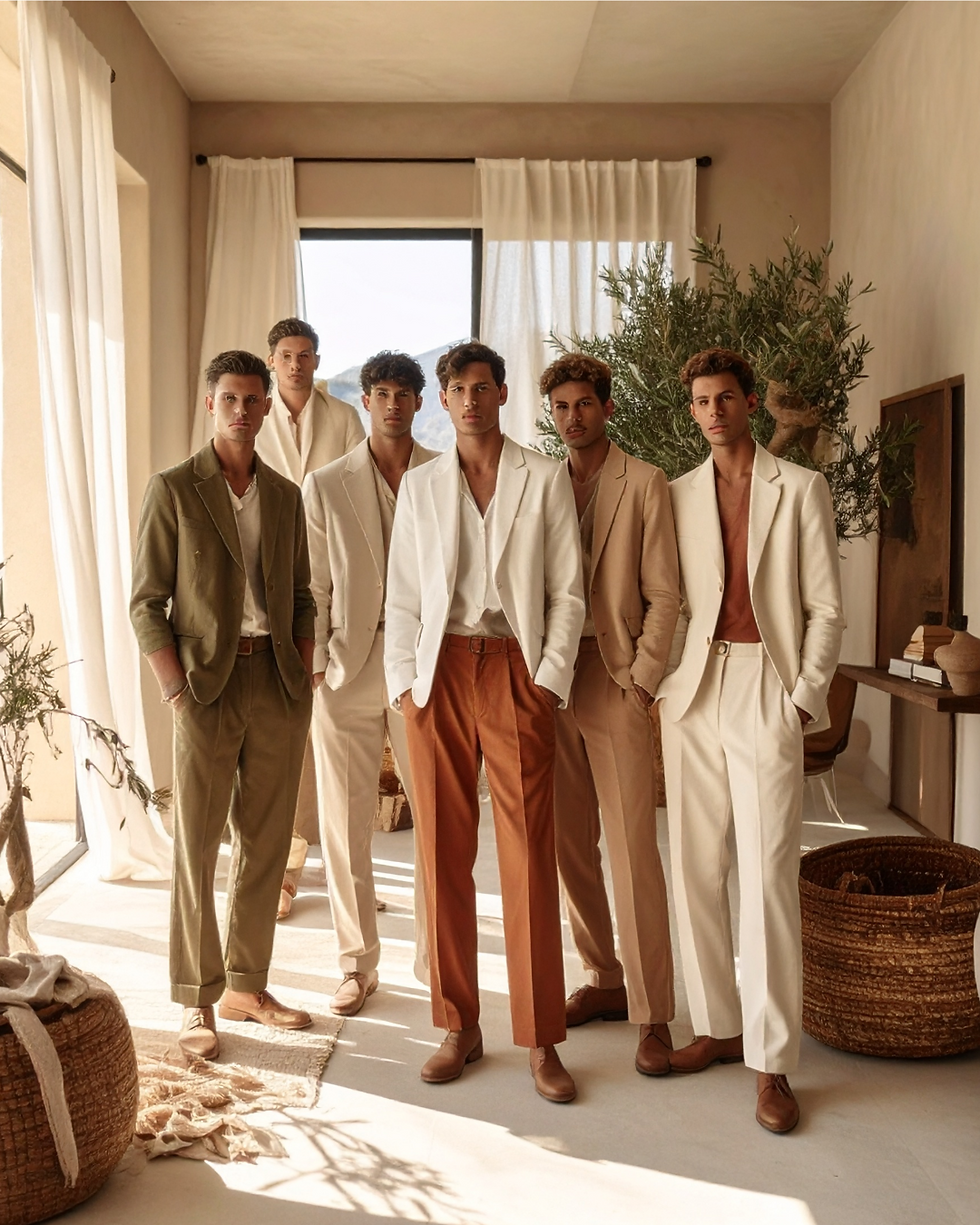 Five men in cream, beige and olive suits pose in a sunlit room with curtains, plants and woven baskets, calm and stylish