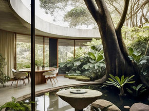 Modern interior with a circular skylight, lush plants, central water feature, and wooden table with chairs, creating a serene, natural vibe.