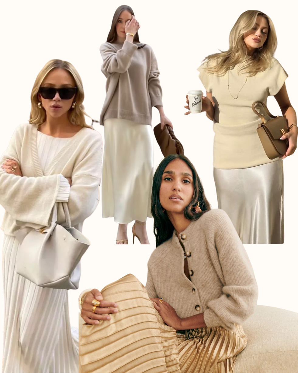 Four women in neutral outfits: beige sweaters, flowing skirts, one with coffee. Chic, relaxed vibe in a minimalist setting.