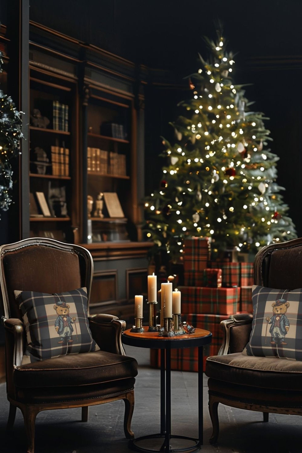 Leather armchairs, soft lighting, and plaid accents evoke the lived in elegance of a Ralph Lauren holiday interior. Image Credits: Ralph Lauren; All images belongs to the creators