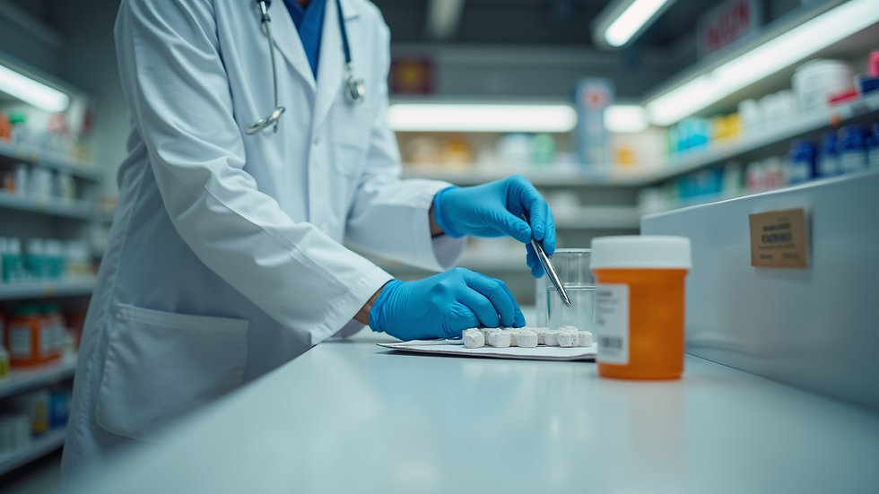 Close-up view of a pharmacist preparing medication at a local pharmacy counter