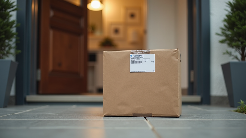 Eye-level view of a pharmacy delivery package on a doorstep