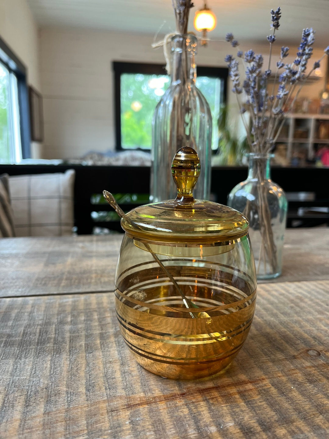 Vintage Glass Honey Pot with Rose Spoon