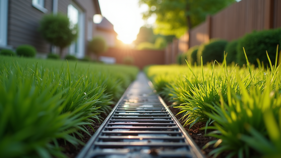 Eye-level view of a well-designed drainage system in a residential yard