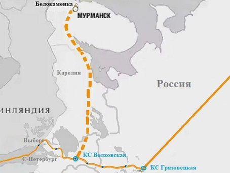 Map of the new Russian Volkhov-Murmansk gas pipeline, which will supply raw materials to Novatek's Murmansk LNG plant and to the gasification of the Murmansk region.
