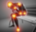 An Xray image of someone sitting down on a bench with each one of their joints glowing / highlighted. This shows a person suffering from severe joint paint.