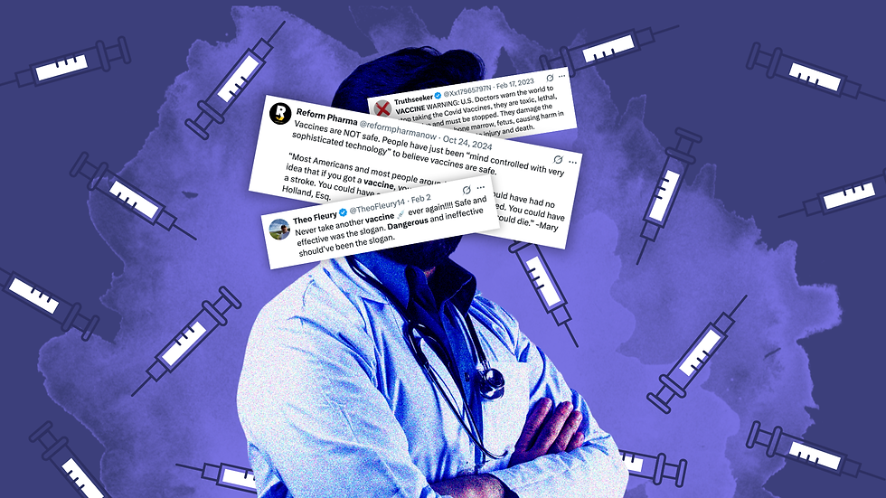 A doctor crossing their arms in front of a purple background with cartoon vaccine syringes. Their face is covered by anti-vaccination social media posts.
