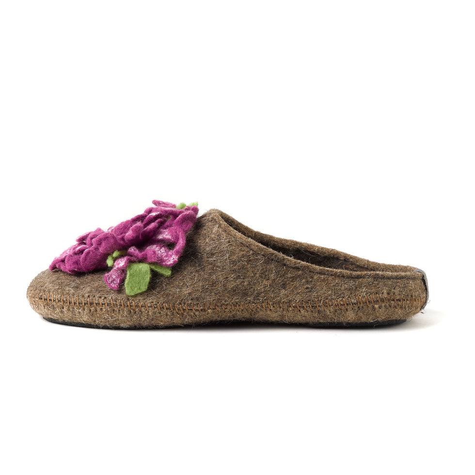 woman's wool slippers with purple flower