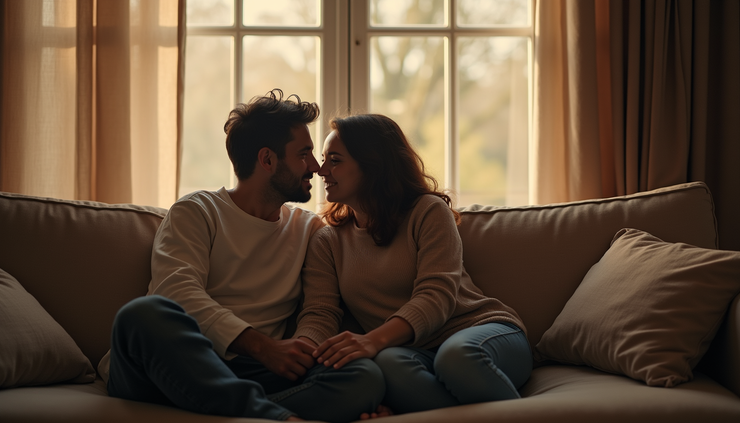 Eye-level view of a cozy living room with a couple sharing a quiet moment on the sofa