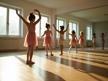 environmental shot bright dance studio children practicing large mirrors natural lighting