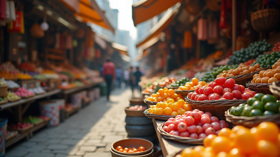 Eye-level view of a vibrant marketplace filled with colorful products