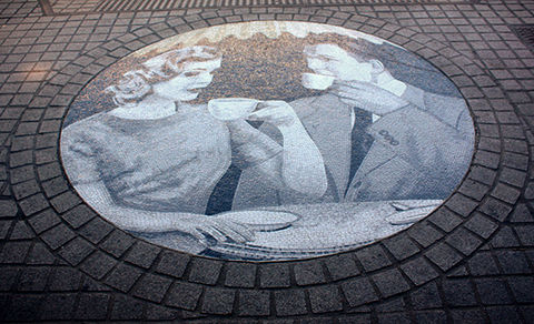 Mosaic, floor mosaic, couple, coffee, cafe, public artwork
