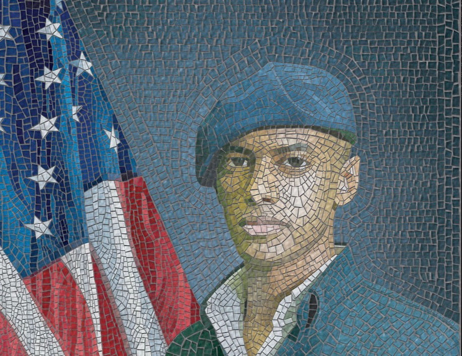 Digital mosaic of soldier in front of American Flag