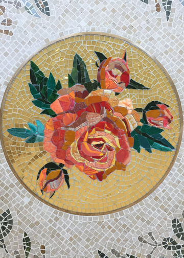 mosaic floor, mosaic rose, mosaic flower, gold, green meander, classic mosaic design, luxury floor