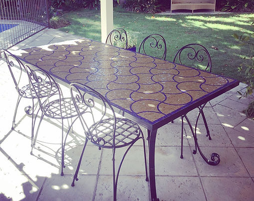 Mosaic table top in yellow marble and blue smalti fish scale motif