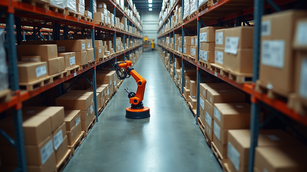 High angle view of a warehouse with automated inventory robots moving goods