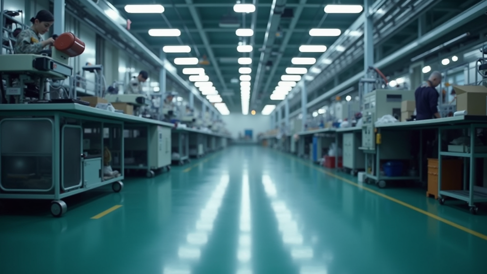 Eye-level view of a modern factory floor with automated machinery