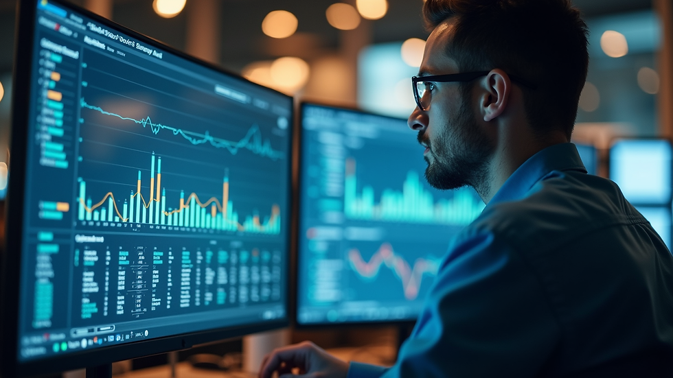 Close-up view of a data scientist analyzing e-commerce data on multiple screens