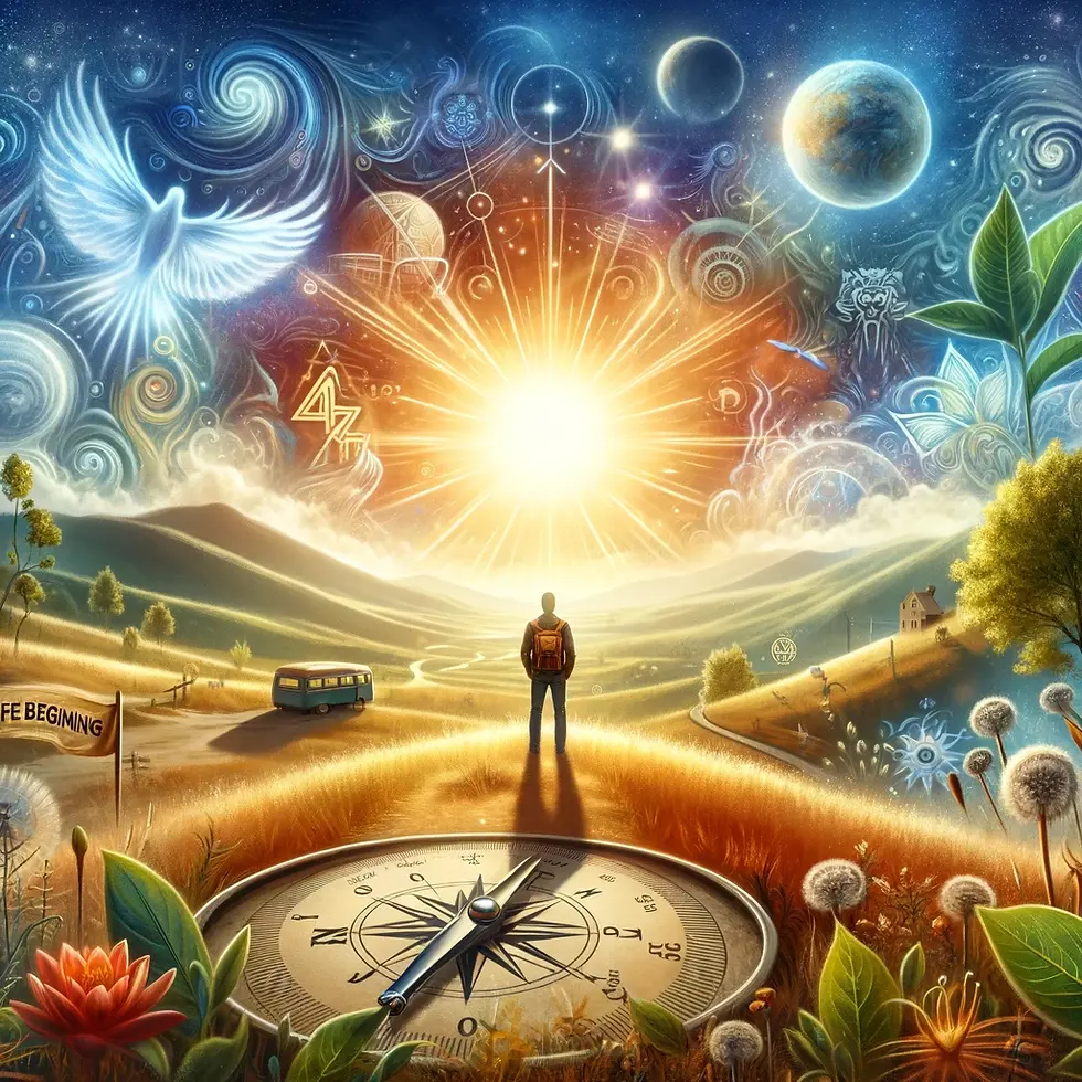 An inspiring image representing the concept of life beginning at forty, inspired by Carl Jung’s quote. The scene shows a person standing at the top of a hill, looking out at a bright and expansive horizon. The background includes symbols of exploration and discovery, such as a compass, a path leading forward, and elements of nature in full bloom. The overall atmosphere is one of renewal, clarity, and excitement, emphasizing the idea of starting a new chapter filled with purpose and fulfillment.