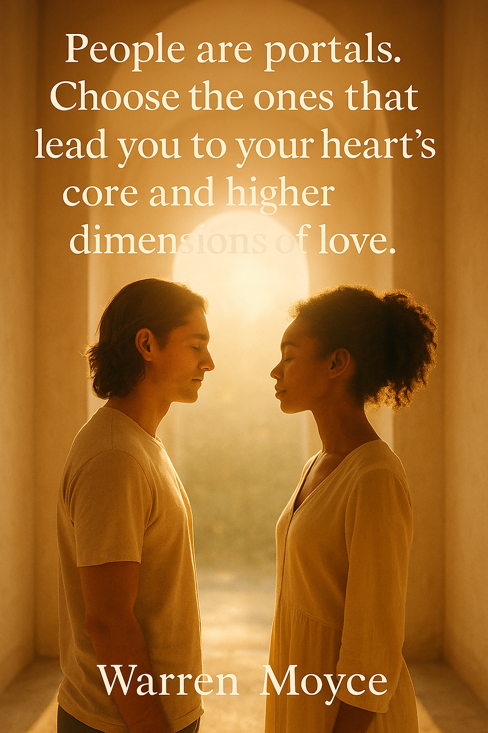 A couple faces each other in a warm, sunlit archway. Text: "People are portals. Choose the ones that lead you to your heart's core."