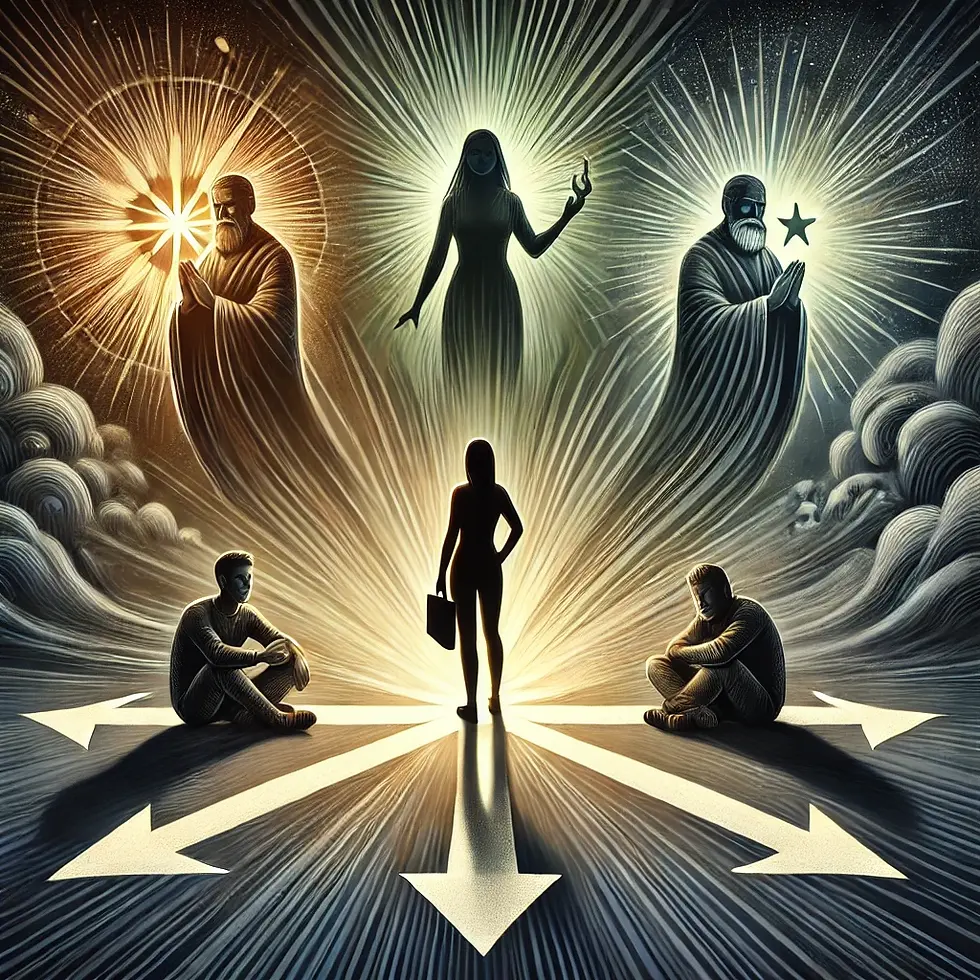 A powerful and symbolic digital illustration showing a person standing at a crossroads, surrounded by five shadowy figures. On one side, the figures radiate positivity, success, and wisdom, symbolizing growth and mentorship. On the other side, the figures appear negative, dragging the person down with doubt and complacency. The person in the center looks contemplative, representing the choice of influence and environment. The atmosphere is thought-provoking, highlighting the importance of surrounding oneself with the right people.